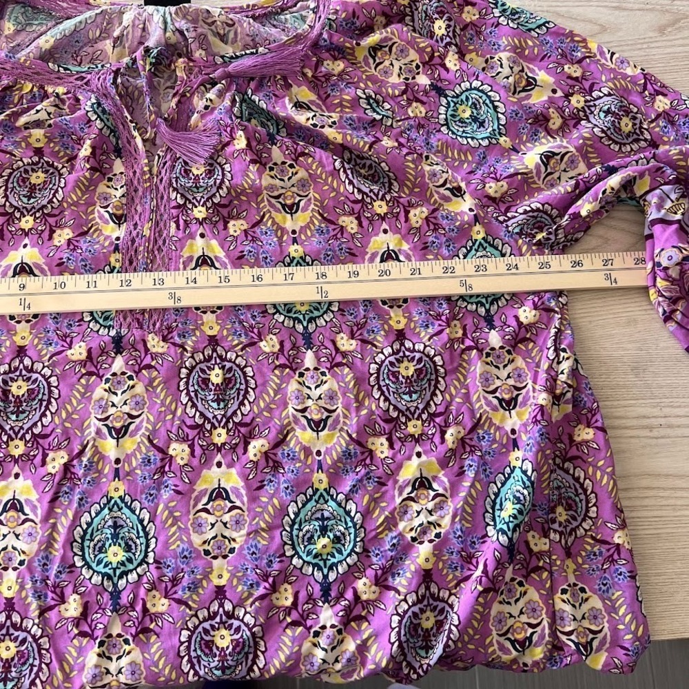 JNY Jones New York Women's 1X Boho Peasant Blouse Purple Paisley Tassel - Picture 5 of 5